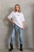 Unisex Baskılı Oversize T-Shirt - Beyaz resmi
