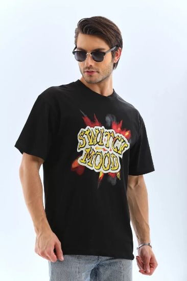 Unisex Oversize Baskılı Bisiklet Yaka T-Shirt - Siyah resmi