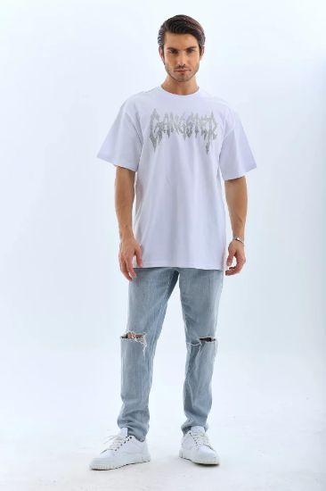 Unisex Oversize Taşlı Bisiklet Yaka T-Shirt - Beyaz resmi
