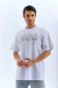 Unisex Oversize Taşlı Bisiklet Yaka T-Shirt - Beyaz resmi