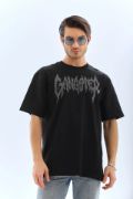 Unisex Oversize Taşlı Bisiklet Yaka T-Shirt - Siyah resmi