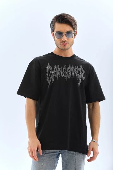 Unisex Oversize Taşlı Bisiklet Yaka T-Shirt - Siyah resmi