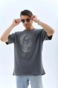 Unisex Oversize Taşlı Bisiklet Yaka T-Shirt - Füme resmi