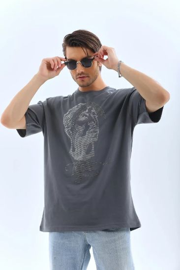 Unisex Oversize Taşlı Bisiklet Yaka T-Shirt - Füme resmi