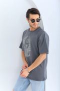 Unisex Oversize Taşlı Bisiklet Yaka T-Shirt - Füme resmi