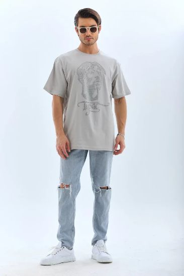 Unisex Oversize Taşlı Bisiklet Yaka T-Shirt - Gri resmi
