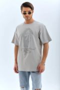 Unisex Oversize Taşlı Bisiklet Yaka T-Shirt - Gri resmi