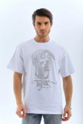 Unisex Oversize Taşlı Bisiklet Yaka T-Shirt - Beyaz resmi