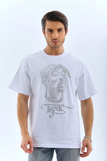 Unisex Oversize Taşlı Bisiklet Yaka T-Shirt - Beyaz resmi
