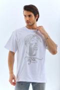 Unisex Oversize Taşlı Bisiklet Yaka T-Shirt - Beyaz resmi