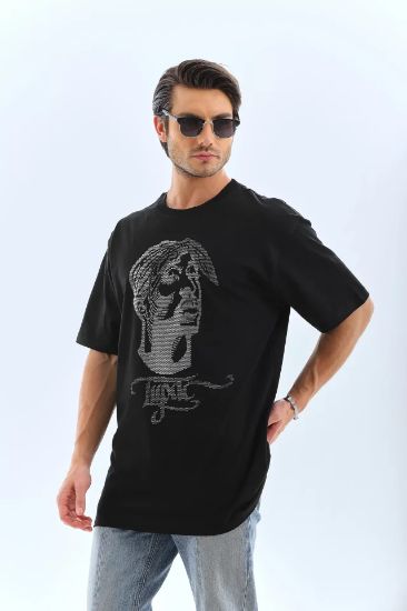 Unisex Oversize Taşlı Bisiklet Yaka T-Shirt - Siyah resmi