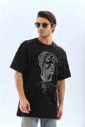 Unisex Oversize Taşlı Bisiklet Yaka T-Shirt - Siyah resmi