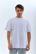 Unisex Oversize Düz Bisiklet Yaka T-Shirt - Beyaz resmi