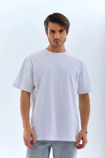 Unisex Oversize Düz Bisiklet Yaka T-Shirt - Beyaz resmi