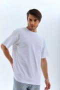 Unisex Oversize Düz Bisiklet Yaka T-Shirt - Beyaz resmi