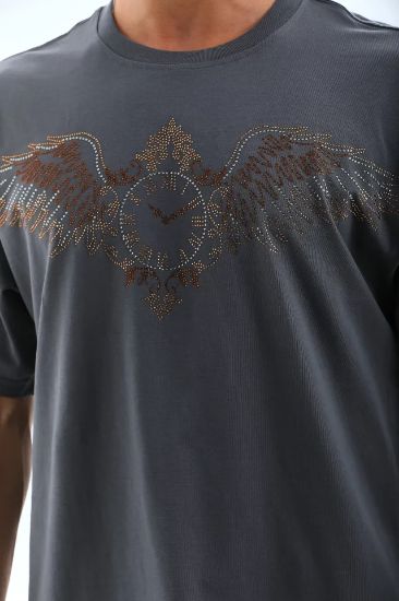 Unisex Oversize Taşlı Bisiklet Yaka T-Shirt - Füme resmi