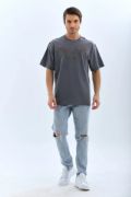 Unisex Oversize Taşlı Bisiklet Yaka T-Shirt - Füme resmi