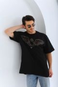 Unisex Oversize Taşlı Bisiklet Yaka T-Shirt - Siyah resmi