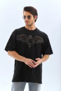 Unisex Oversize Taşlı Bisiklet Yaka T-Shirt - Siyah resmi