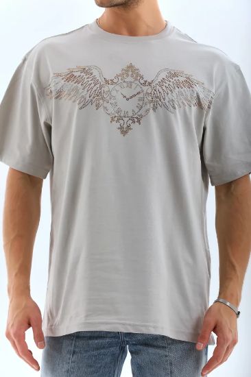 Unisex Oversize Taşlı Bisiklet Yaka T-Shirt - Gri resmi