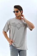 Unisex Oversize Taşlı Bisiklet Yaka T-Shirt - Gri resmi