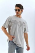 Unisex Oversize Taşlı Bisiklet Yaka T-Shirt - Gri resmi