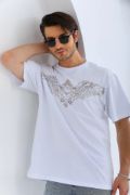 Unisex Oversize Taşlı Bisiklet Yaka T-Shirt - Beyaz resmi
