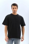 Unisex Oversize Düz Bisiklet Yaka T-Shirt - Siyah resmi