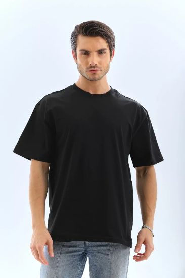 Unisex Oversize Düz Bisiklet Yaka T-Shirt - Siyah resmi