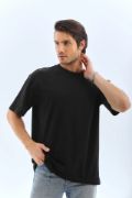 Unisex Oversize Düz Bisiklet Yaka T-Shirt - Siyah resmi