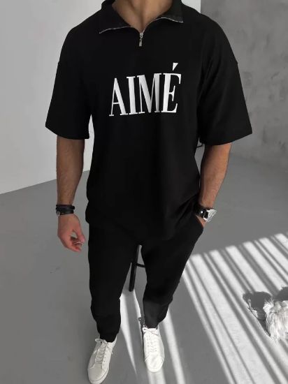 Unisex Yarım Fermuarlı Baskılı T-Shirt - Siyah resmi
