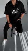 Unisex Yarım Fermuarlı Baskılı T-Shirt - Siyah resmi