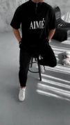 Unisex Yarım Fermuarlı Baskılı T-Shirt - Siyah resmi