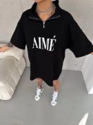 Unisex Yarım Fermuarlı Baskılı T-Shirt - Siyah resmi