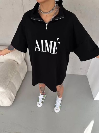 Unisex Yarım Fermuarlı Baskılı T-Shirt - Siyah resmi