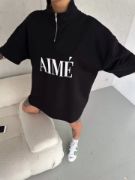 Unisex Yarım Fermuarlı Baskılı T-Shirt - Siyah resmi