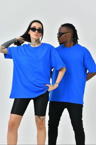 Unisex Basic Bisiklet Yaka Oversize T-Shirt - Mavi resmi