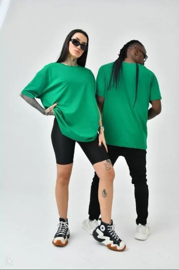 Unisex Basic Bisiklet Yaka Oversize T-Shirt - Yeşil resmi