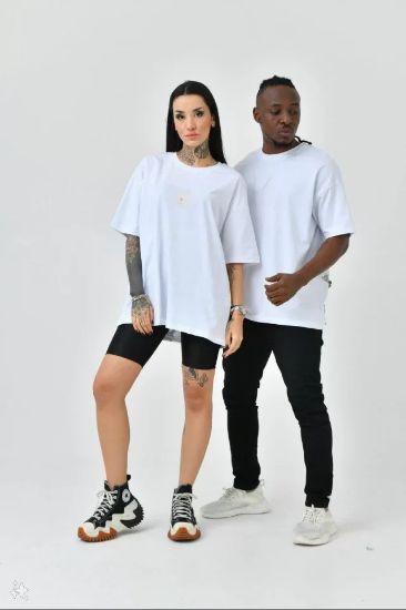 Unisex Basic Bisiklet Yaka Oversize T-Shirt - Beyaz resmi