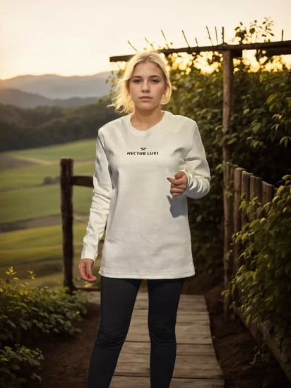 Unisex Bisiklet Yaka Uzun Kollu T-Shirt - Beyaz resmi