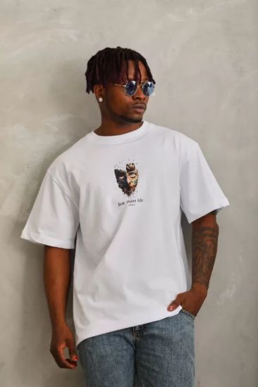 Unisex Oversize Baskılı Bisiklet Yaka T-Shirt - Beyaz resmi