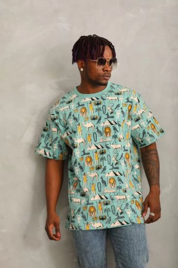 Unisex Oversize Baskılı Bisiklet Yaka T-Shirt - Mint Yeşili resmi