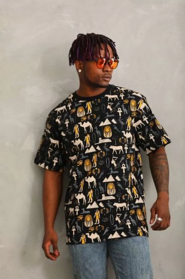 Unisex Oversize Baskılı Bisiklet Yaka T-Shirt - Siyah resmi