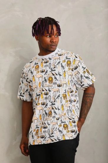 Unisex Oversize Baskılı Bisiklet Yaka T-Shirt - Beyaz resmi