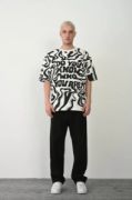 Unisex Baskılı Bisiklet Yaka Oversize T-Shirt - Beyaz resmi
