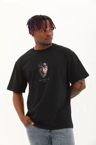 Unisex Oversize Baskılı Bisiklet Yaka T-Shirt - Siyah resmi
