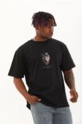 Unisex Oversize Baskılı Bisiklet Yaka T-Shirt - Siyah resmi