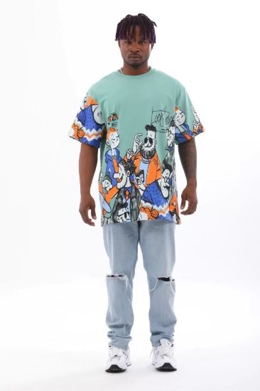 Unisex Oversize Baskılı Bisiklet Yaka T-Shirt - Mint Yeşili resmi