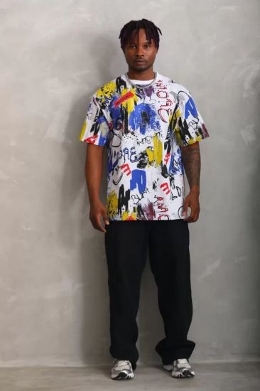 Unisex Oversize Baskılı Bisiklet Yaka T-Shirt - Beyaz resmi