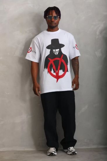 Unisex Oversize Baskılı Bisiklet Yaka T-Shirt - Beyaz resmi